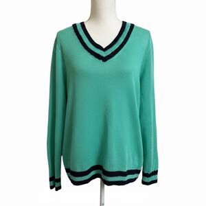 Talbots Women's XL Petite XLP Green Mint V-Neck 100% Linen Sweater Black Trim